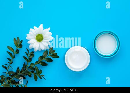 Vaso di vetro di crema, unguento con margherita naturale. Cosmetici a base di erbe, concetto di cura della pelle. Bottiglia con lozione e fiore camomilla bianco, ramo verde su un Foto Stock