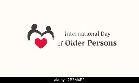 International Day of Older Persons emblema modello, due anziani silhouette con cuore rosso, senescenza persone simbolo, aumentare la consapevolezza circa Illustrazione Vettoriale