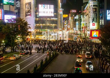 Fotografia notturna di un coronamento di pedoni che attraversa un incrocio a quattro vie zebra al passaggio Shibuya nel centro di Tokyo, Giappone Foto Stock