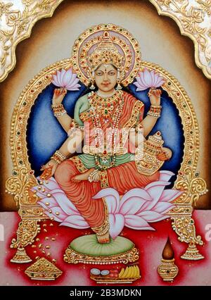 Laxmi Dea Lakshmi pittura, India, Asia, dea della ricchezza, fortuna, potere, bellezza, prosperità, Foto Stock