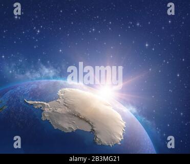 Continente Antartide visto da un satellite, il sole che si alza all'orizzonte, il ghiaccio che si fonde. Mappa fisica del Polo Sud. Illustrazione 3D - Elementi di t Foto Stock