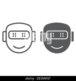 Linea robotica emotiva e icona glifo, tecnologia e cyborg, robot volto sorriso segno, grafica vettoriale, un modello lineare su uno sfondo bianco, eps 10. Illustrazione Vettoriale