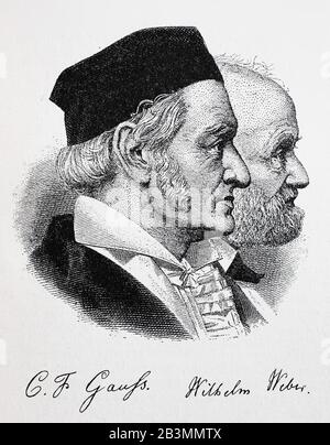 Johann Carl Friedrich Gauss, Carolus Fridericus Gauss, 30 aprile 1777 – 23 febbraio 1855, è stato un matematico e fisico tedesco e Wilhelm Eduard Weber, 24 ottobre 1804 – 23 giugno 1891, fisico tedesco Johann Carl Friedrich Gauß, Carolus Fridericus Gauß, 30. Aprile 1777 - 23. Febbraio 1855, War ein deutscher Mathematiker und Physiker und Wilhelm Eduard Weber, 24. Ottobre 1804 - 23. Juni 1891, ein deutscher Physiker, Historisch, digitale migliorata riproduzione di un originale dal 19th secolo / digitale Reproduktion einer Originalvorlage aus dem 19. Jahrhundert Foto Stock