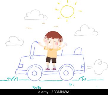 Illustrazione di un Kid Boy Holding Gessi Colorati e disegno di un'automobile All'Esterno Foto Stock