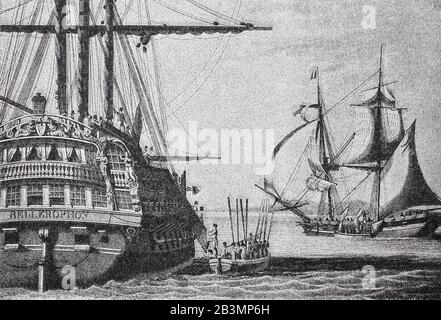 Imbarco di Napoleone a bordo della nave Bellerophon, nel luglio 1815 il Bellerophon portò Napoleone i dalla Île d'Aix a Plymouth. Da lì fu inviato in esilio sull'isola di Sant'Elena / Einschiffung von Napoleon an Bord des Schiff Bellerophon, Im Juli 1815 brachte die Bellerophon Napoleone I. von der Île d'Aix nach Plymouth. Von dort aus wurde er in ein Exil auf die Insel St. Helena geschickt Foto Stock