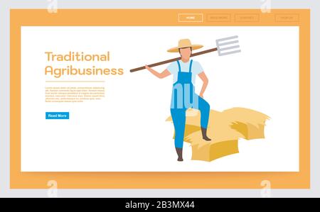 Modello vettoriale tradizionale della landing page agribusiness. Hay Harvesting website interface idea with flat illustrazioni. Homepage agricoltura e agricoltura Illustrazione Vettoriale