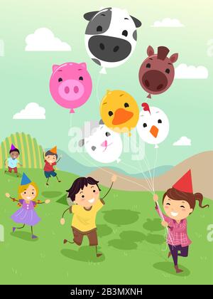 Illustrazione Dei Capretti Felici Stickman Che Portano I Gatti Del Compleanno Del Cono Celebranti, Correndo Sul Campo Del Grass Con I Palloni Dell'Animale Della Fattoria Del Capretto Della Ragazza Foto Stock