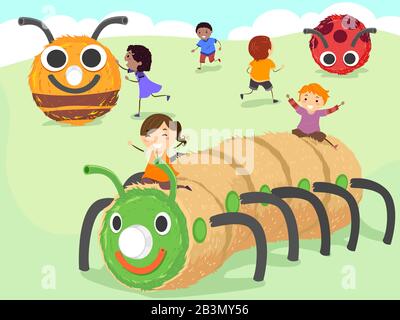 Illustrazione di Stickman Kids Playing in a Farm Themed Playground con Caterpillar, Bee e Beetle Haystack Art Foto Stock