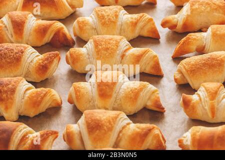 I panini appena sfornati di pasta sfoglia con marmellata si trovano in file su carta da forno in un vassoio Foto Stock