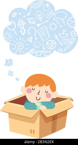 Illustrazione di un Kid Boy Pensando Dall'Interno di un Cartone con Thinking Cloud pieno di Doodles Foto Stock