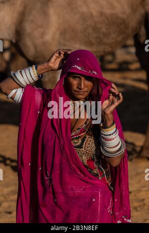 Rajasthani donna, moglie di un commerciante di cammello, in abbigliamento tradizionale, sollevando il suo velo, cammelli dietro, Pushkar Camel Fair, Pushkar, Rajasthan, India, Asi Foto Stock