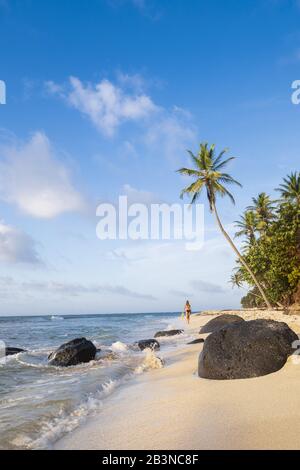 Un uomo locale a piedi su North Beach, Little Corn Island, Islas del Maiz (Isole Corn), Nicaragua, America Centrale Foto Stock