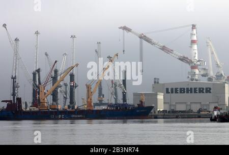 Rostock, Germania. 05th Mar, 2020. La fabbrica di gru Liebherr-MCCtec Rostock GmbH nel porto marittimo. Credito: Bernd Wüstneck/Dpa-Zentralbild/Dpa/Alamy Live News Foto Stock