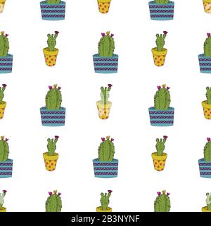Cute mano disegnato cactus senza cuciture vettore modello sfondo. Illustrazione Vettoriale