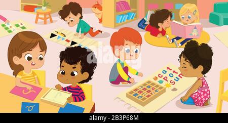 L'Area Letteratura Della Classe Montessori. I bambini praticano la scrittura delle lettere parti del discorso e delle parole. Le ragazze stanno leggendo i libri a vicenda in un Illustrazione Vettoriale