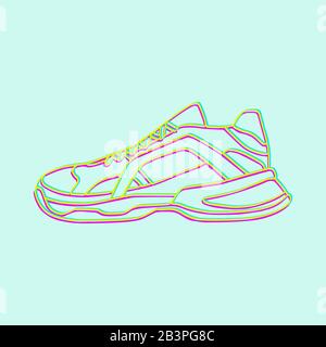 Icona vettore sneakers. Scarpe Neon Linear luminose su sfondo azzurro.semplice illustrazione di fitness e sport, scarpe da ginnastica. Grafica del negozio di segni Illustrazione Vettoriale