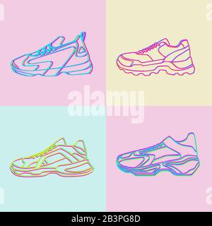 Set Di sneakers icona vettoriale. Scarpe Neon Linear luminose su sfondo blu e giallo rosa. Semplice illustrazione di fitness e sport, scarpe da ginnastica. Firma negozio Illustrazione Vettoriale