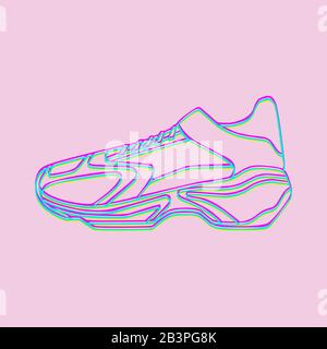 Icona vettore sneakers. Scarpe Neon Linear luminose su sfondo rosa. Semplice illustrazione di fitness e sport, scarpe da ginnastica. Grafica del negozio di segni Illustrazione Vettoriale