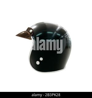 Casco per moto, accessorio salvaita, nero con visiera in plastica e interno in pelle. Isolare su uno sfondo bianco, vista laterale. Fotorealiti Foto Stock