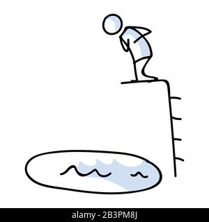 Cute bastone figura in piedi su bordo di immersione vettore clipart.Coraggioso atleta immersione board. Pittogramma disegnato a mano di illustrazione di vacanza di piacere. EPS 10 Illustrazione Vettoriale