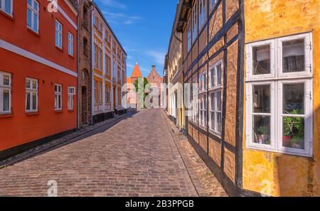 Strada nella città medievale di Ribe, Danimarca Foto Stock