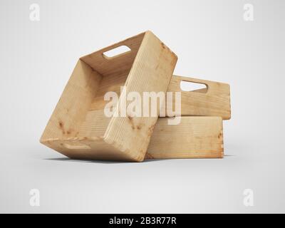 3d rendering di gruppi di casse di legno per il trasporto di merci su lunghe distanze su sfondo grigio con ombra Foto Stock