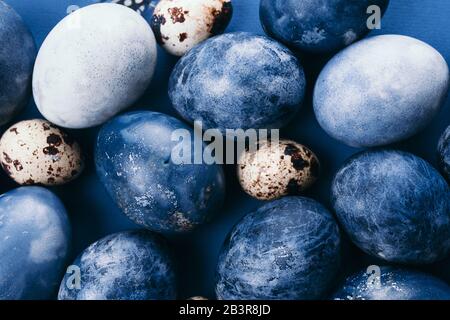 Bellissimo gruppo ombre blu uova di Pasqua con uova di quaglia e piume su uno sfondo blu. Concetto di Pasqua. Uova di confine. Copiare lo spazio per il testo Foto Stock