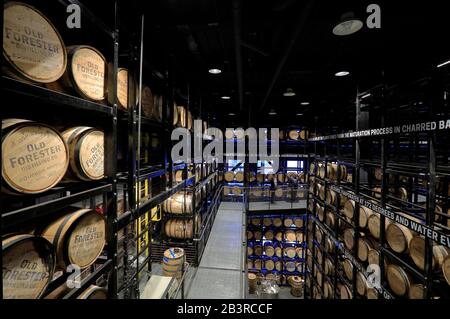 Rack casa Bourbon Whiskey magazzino di Old Forester Distilling Co in Whiskey Row.Louisville.Kentucky.USA Foto Stock