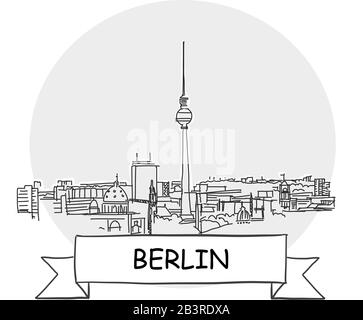 Berlino Disegnato A Mano Urban Vector Sign. Illustrazione Della Linea Nera Con Barra Multifunzione E Titolo. Illustrazione Vettoriale