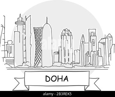 Doha Segno Vettore Urbano Disegnato A Mano. Illustrazione Della Linea Nera Con Barra Multifunzione E Titolo. Illustrazione Vettoriale