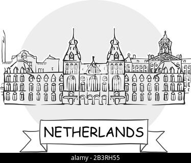 Segno Vettore Urbano Disegnato A Mano In Olanda. Illustrazione Della Linea Nera Con Barra Multifunzione E Titolo. Illustrazione Vettoriale