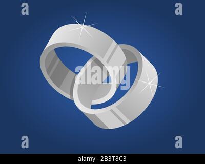 Anelli interbloccati, isolati in platino o argento su sfondo blu. Due anelli luminosi realistici. Simbolo di matrimonio o fidanzamento. Coppia di anelli intrecciati Illustrazione Vettoriale