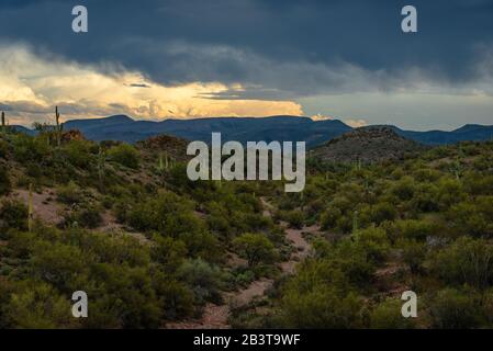 Deserto dell'Arizona e tramonto nuvoloso al Lake Pleasant Regional Park. Foto Stock