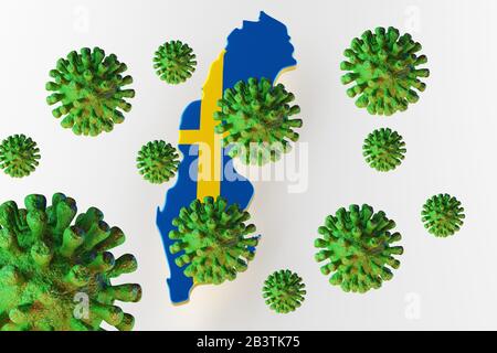Virus 2019-ncov, Flur o Coronavirus con la mappa della Svezia. Coronavirus dalla cina. Rendering 3D Foto Stock