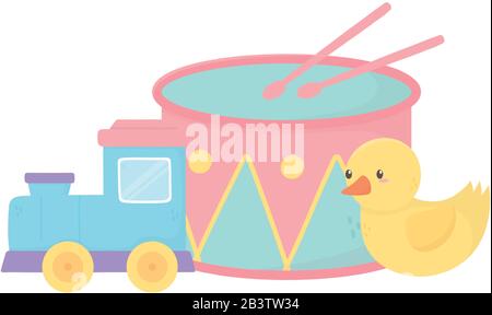 area bambini, blocchi alfabetici anatra aquilone e tamburo giocattoli vettore illustrazione Illustrazione Vettoriale