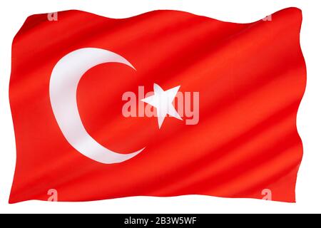 La bandiera della Repubblica di Turchia, una bandiera rossa con una stella bianca e mezzaluna. La bandiera è spesso chiamata al bayrak. Foto Stock