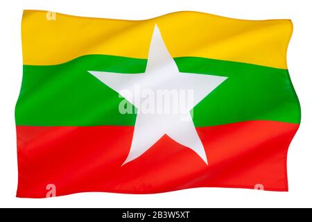 L'attuale bandiera di Myanmar (nota anche come Birmania) è stata adottata il 21 ottobre 2010 per sostituire l'ex bandiera in uso dal 1974. Foto Stock