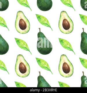 Disegno dipinto a mano con fette di acquerello e foglie intere di avocado e verde Foto Stock