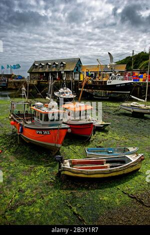 Mevagissey il cui nome in Cornovaglia è Lannvorek, è un villaggio e porto di pescatori e parrocchia civile in Cornovaglia, Inghilterra. Foto Stock