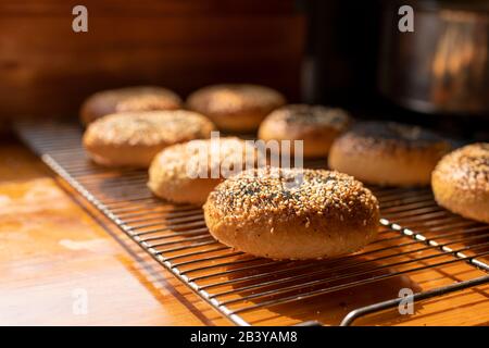 Bagel appena sfornati poggiati su un vassoio di filo su una panca di legno da cucina Foto Stock