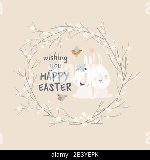 Carino coniglio cartone animato con uova di Pasqua e fiori Illustrazione Vettoriale