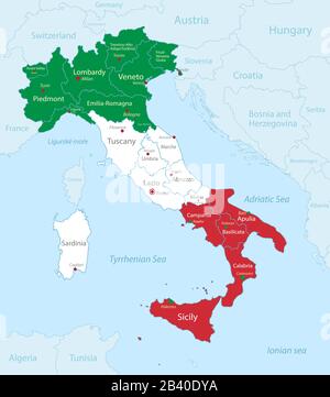 Mappa italiana in colori bandiera con stati vicini, divisione amministrativa e nomi con città, vettore sfondo blu Illustrazione Vettoriale