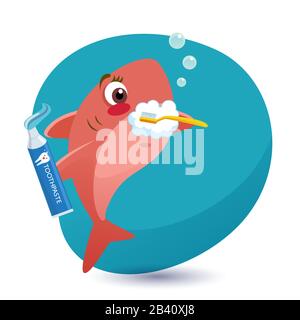 Uno squalo bambino che spazzola i denti con lo spazzolino mentre tiene un dentifricio Illustrazione Vettoriale