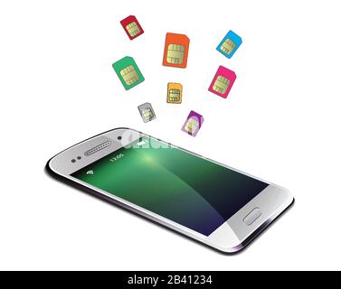 Cellulare realistico sim carta colore oggetto vettore su sfondo bianco Illustrazione Vettoriale