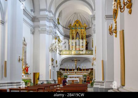 Interno navata, banchi e altare barocco del convento di Sant'Agostino nella città antica di Matera, Italia, nella regione Basilicata Foto Stock