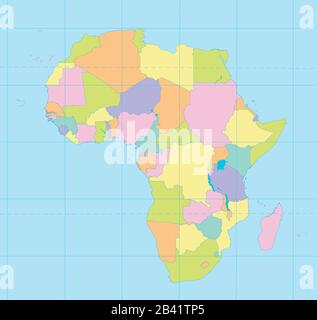 Africa mappa colorata, nuova mappa politica dettagliata, Stati individuali separati, con città di stato e nomi di mare, blu sfondo bianco Foto Stock