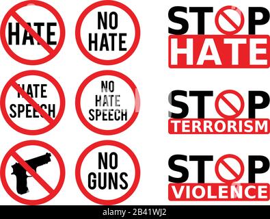 Nessun segno di odio, simbolo di divieto, stop alla violenza, lotta contro il cyberbullismo, insieme di elementi di progettazione vettoriale Illustrazione Vettoriale