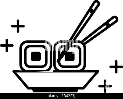 sushi rolls menu orientale in piatto con bacchette vettore illustrazione linea stile icona Illustrazione Vettoriale