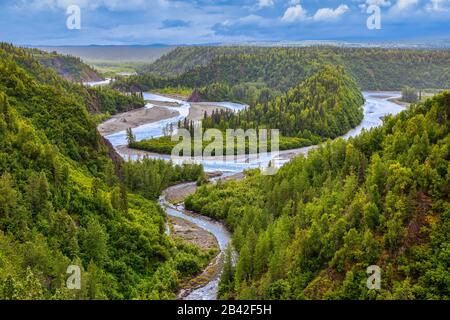 Fiume Che Scorre Attraverso una valle nella Foresta di Boreal, Alaska, Stati Uniti Foto Stock