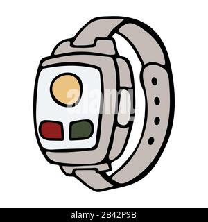 Orologio fitness tracker smart con cardiofrequenza, cartone animato stile vettore doodle design. Moderno ed elegante dispositivo indossabile. Sfondo bianco isolato sto Illustrazione Vettoriale